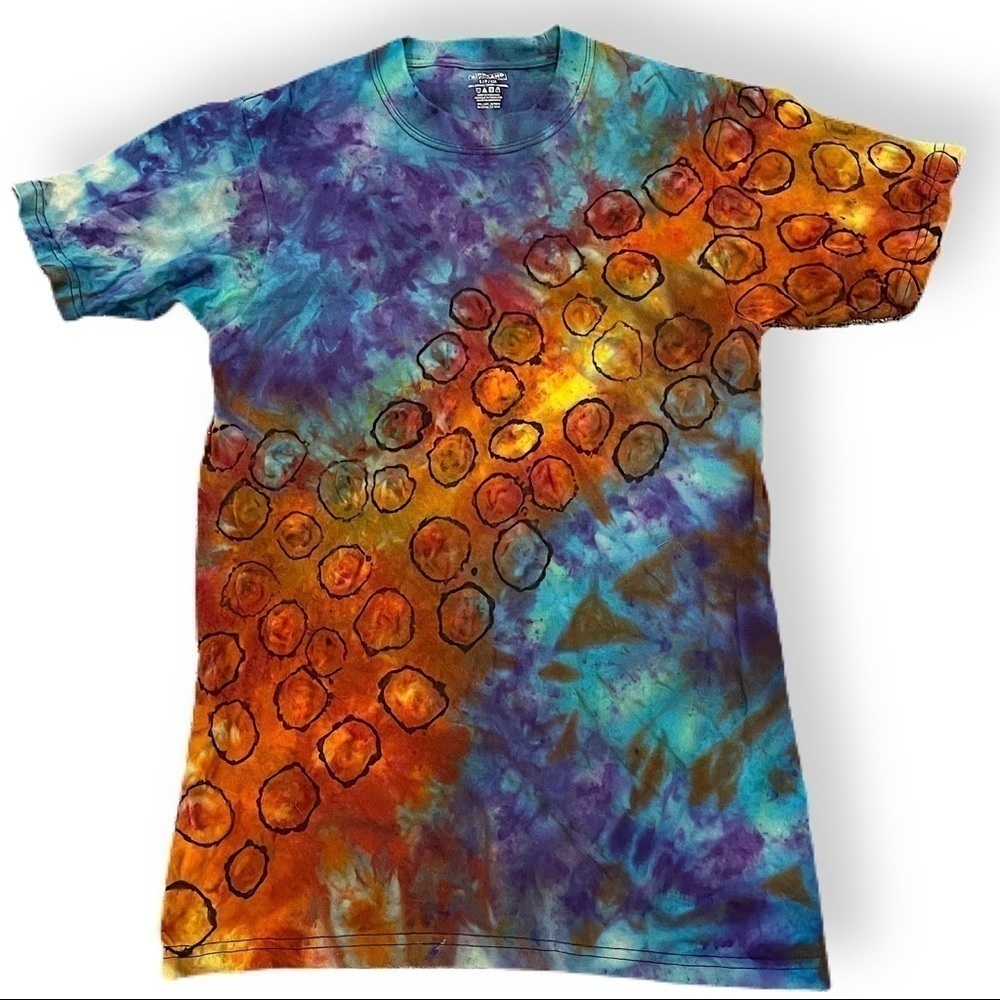 Reverse tie dye t shirt galaxy asteroids underwater coral unisex S blue copper